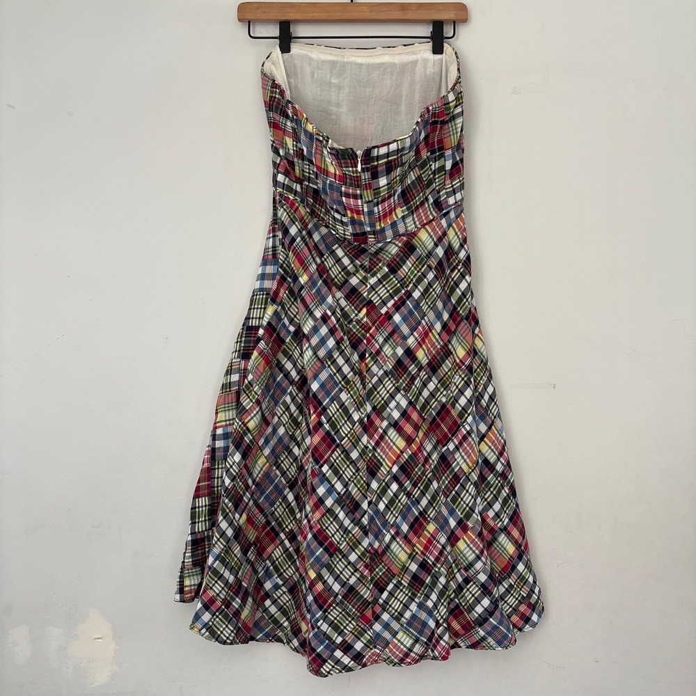 J. Crew Women Madras Midi Dress Strapless Fit Flare Patchwork Preppy Y2K Wmn 8 - Picture 4 of 11